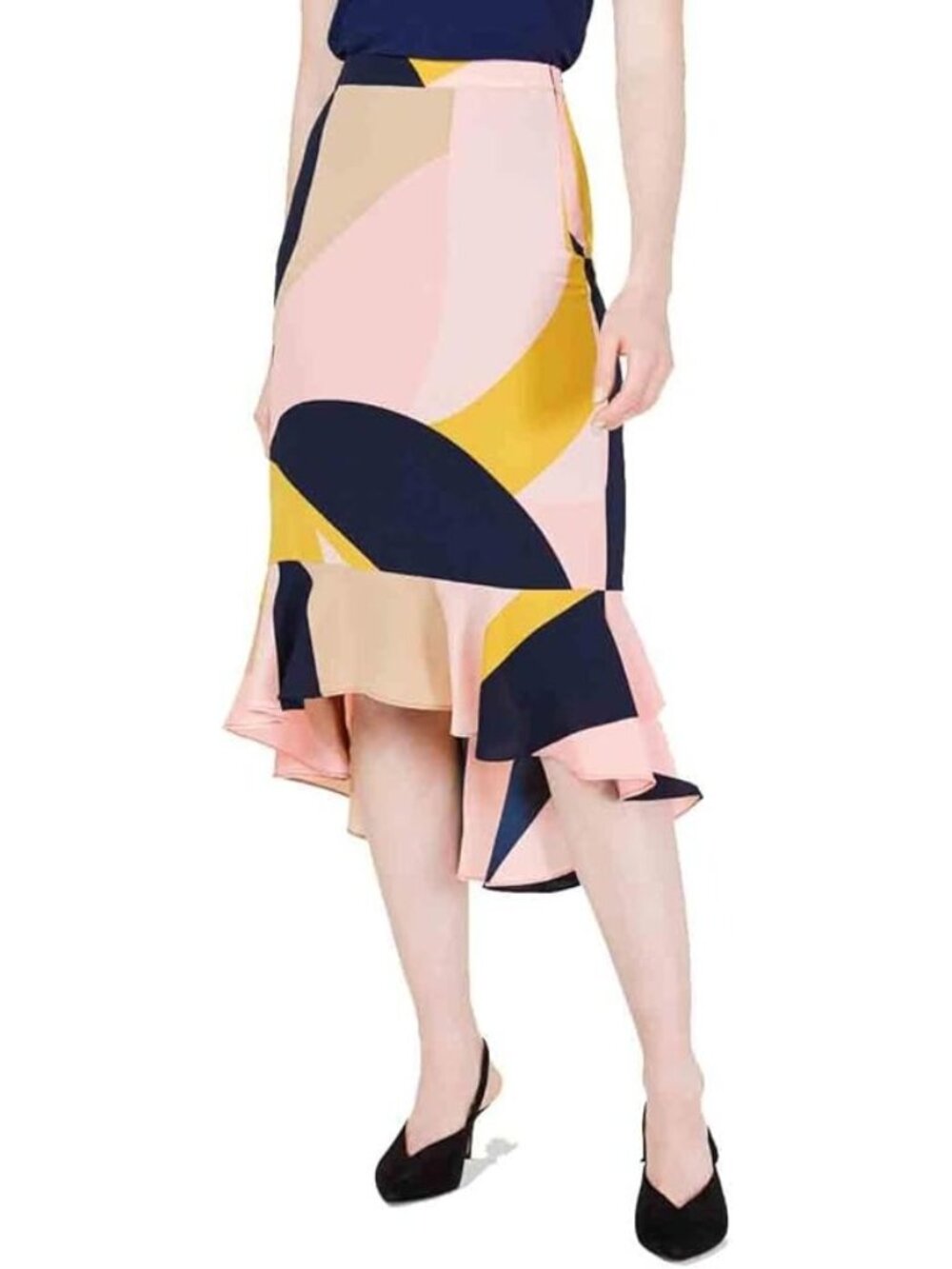 Bar III Womens Colorblocked Trumpet Skirt Size 2 Ruffled Hi Low Midi